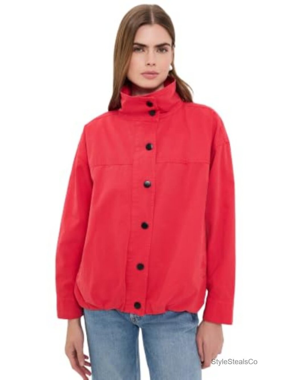 Women's Funnel Neck Casual Jacket Mid-Weight Twill Snap Placket